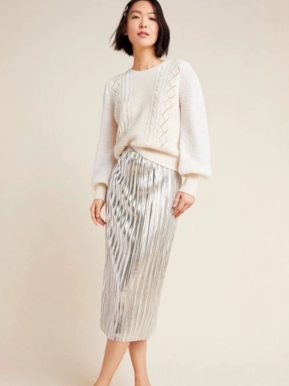 Maeve by Anthropologie Pleated Silver Midi Skirt
